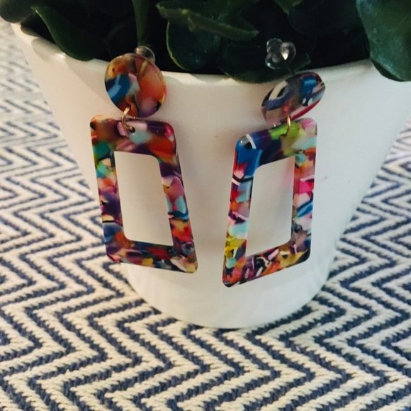 Acetate Dangle Earrings , Rectangle Earrings, Geometric Acrylic , Amber Tortoise - Picture 1 of 4